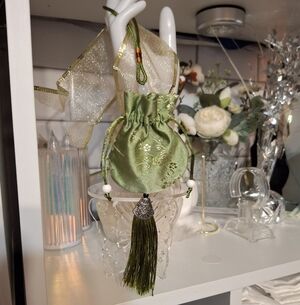 Green Silky Drawstring Pouch with Tassel Set Of 3 New